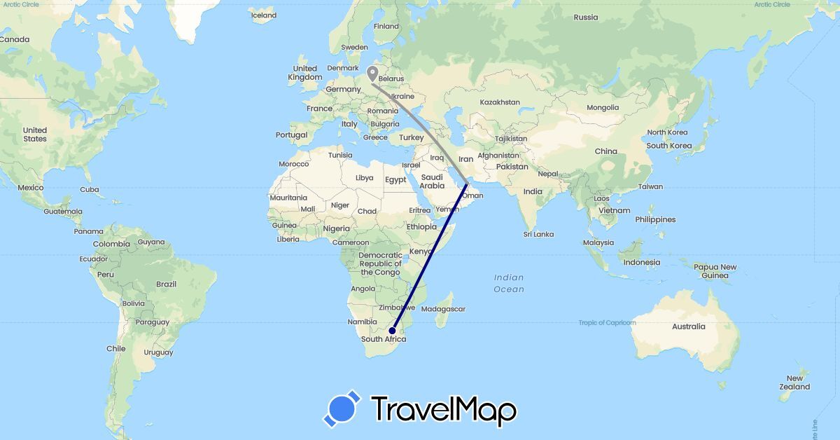 TravelMap itinerary: driving, plane in United Arab Emirates, Poland, South Africa (Africa, Asia, Europe)